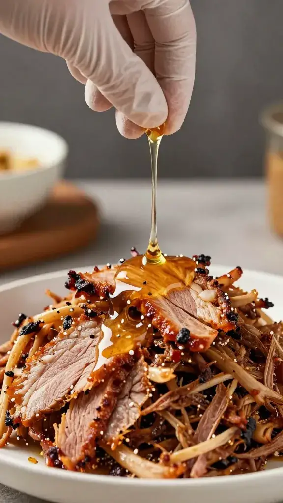 Gloved hand sprinkling vinegar sauce over pulled pork