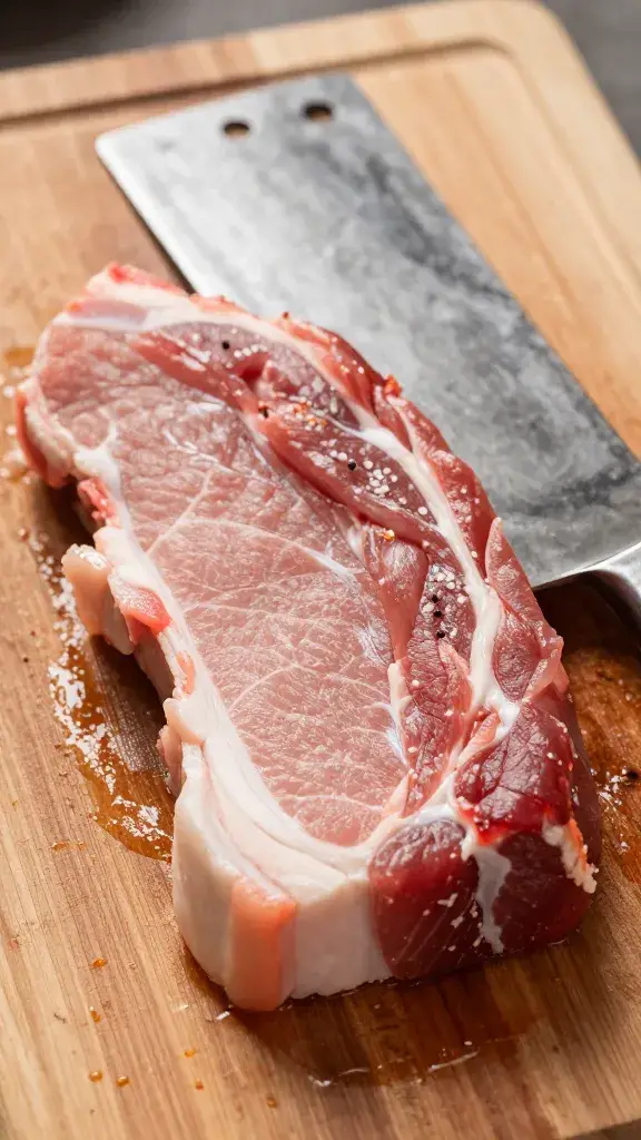 Meat cleaver resting on chopped pork board