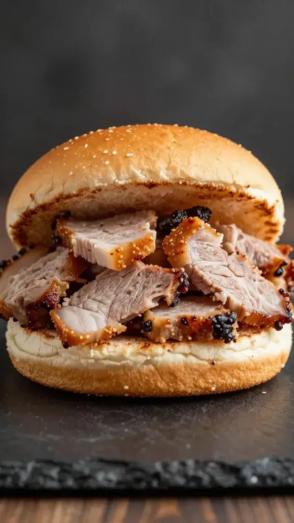 Single sandwich bun piled with chopped whole-hog pork