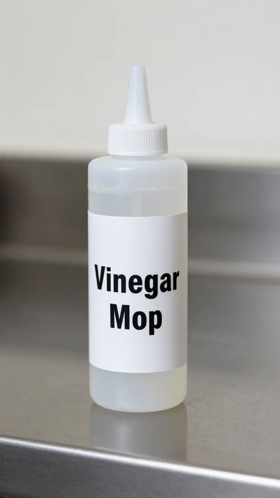 Squeeze bottle labeled “Vinegar Mop” on stainless counter