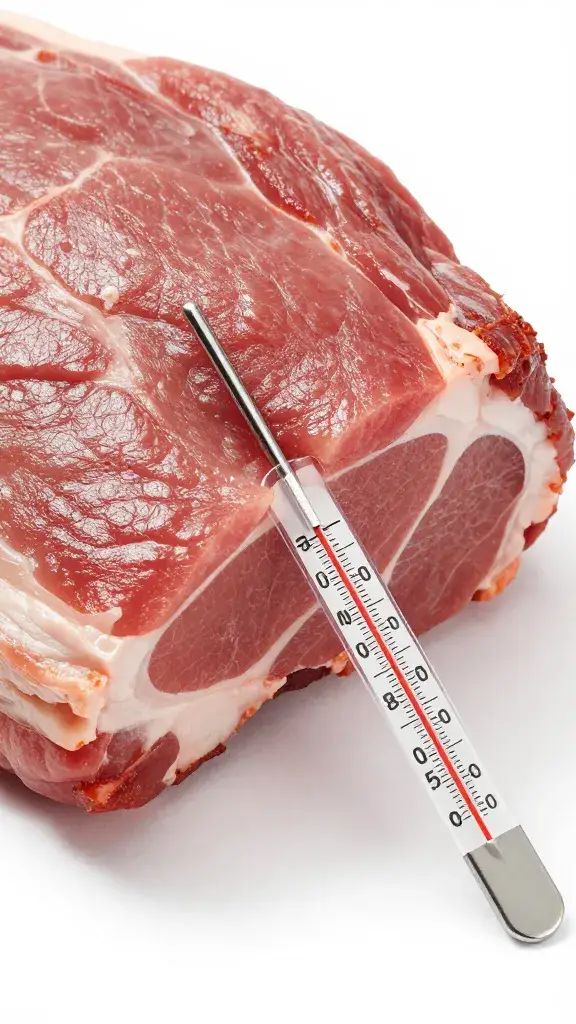 Thermometer probe inserted in pork shoulder