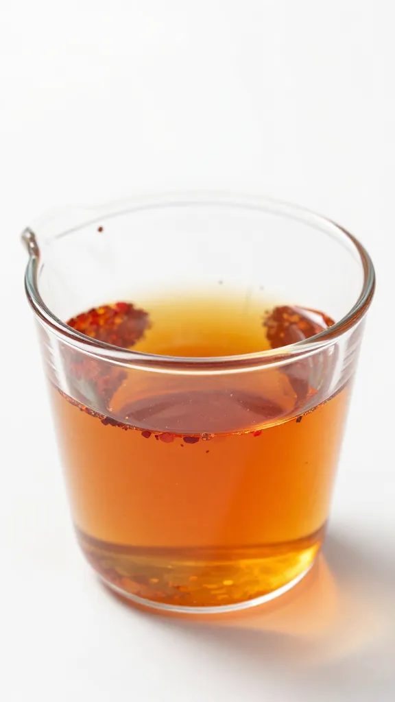 Measuring cup of vinegar sauce with red pepper flakes