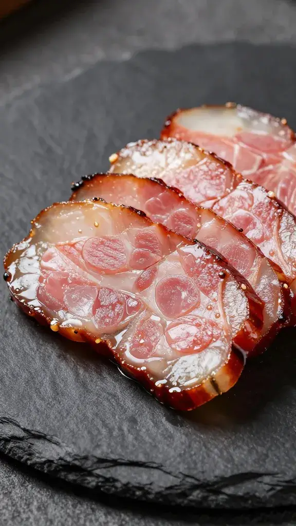 Closeup of lacquered char siu slice on black slate