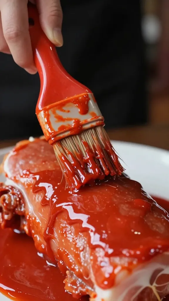 Gloved hand brushing thick red glaze on pork