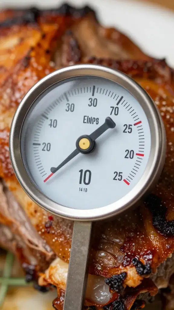 Meat thermometer reading 150°F in roasted pork