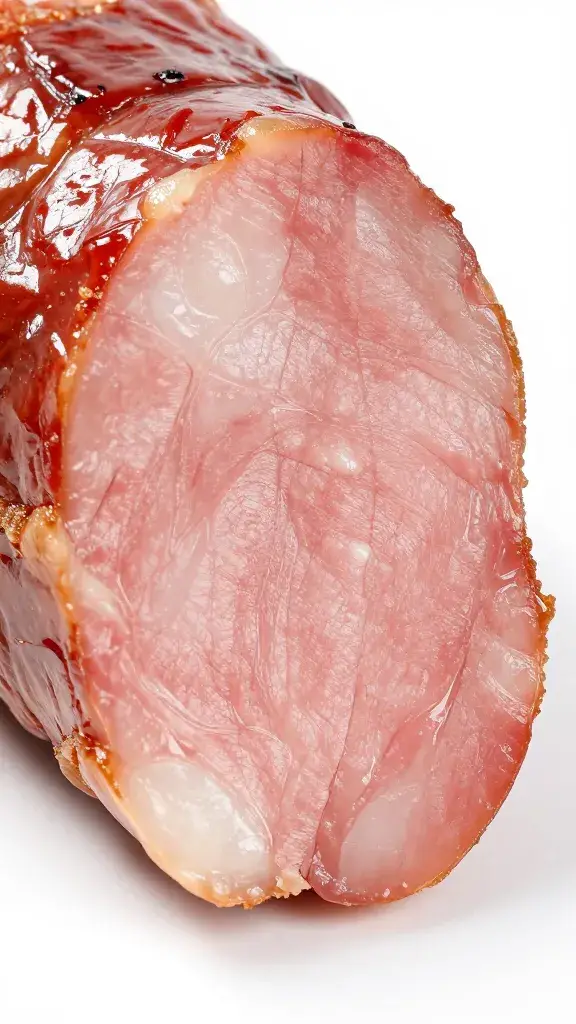 Cross-section of char siu showing juicy pink interior