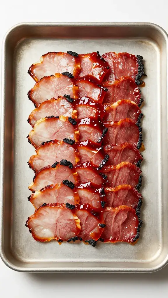 Single sheet pan with resting char siu strip