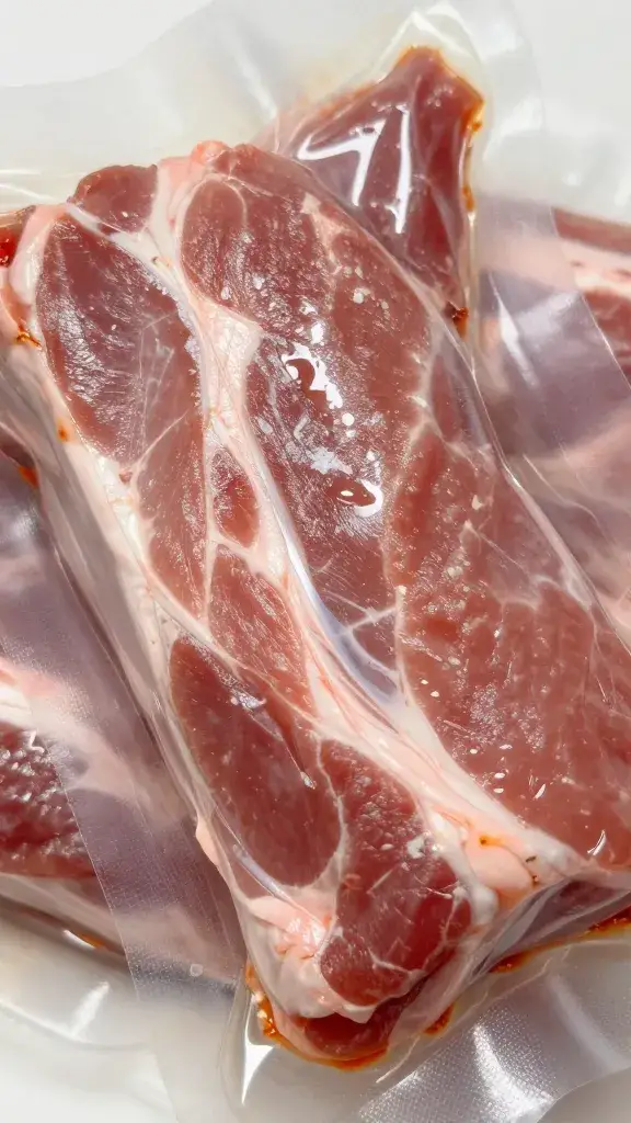 Vacuum-sealed pork shoulder marinating, close detail