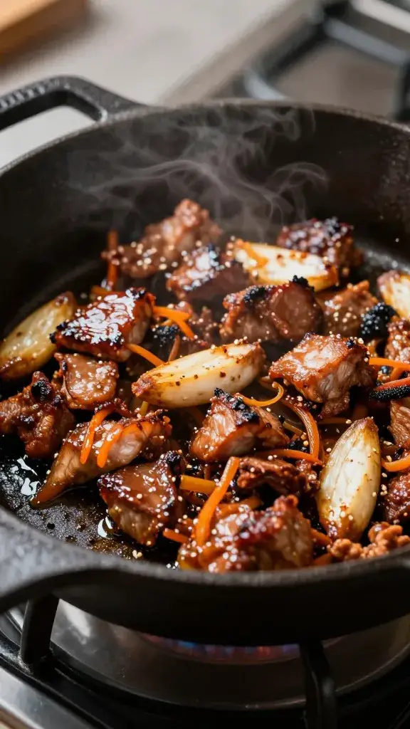 Cast iron skillet sizzling char siu under high heat