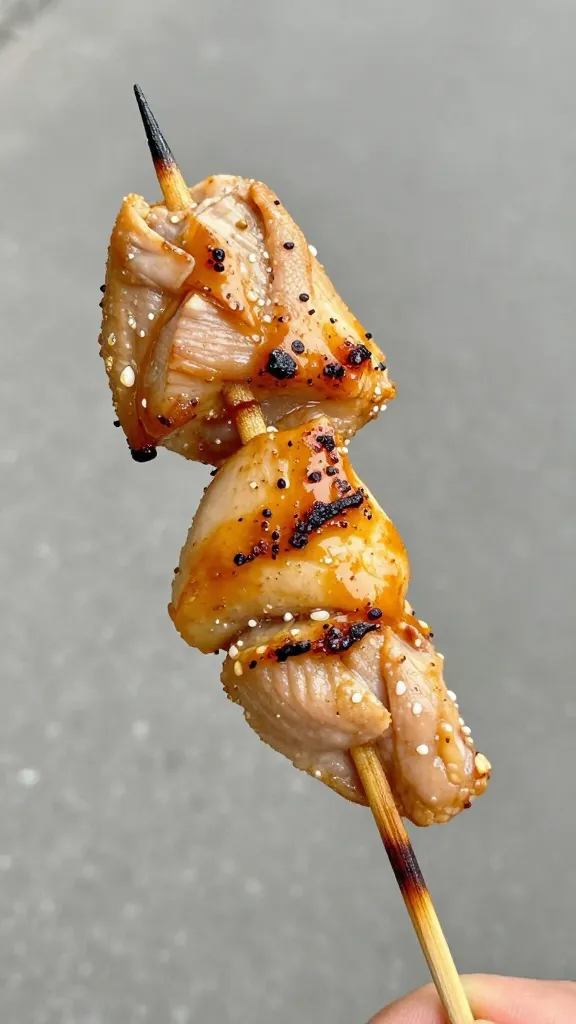 Single chicken satay skewer with char marks, closeup