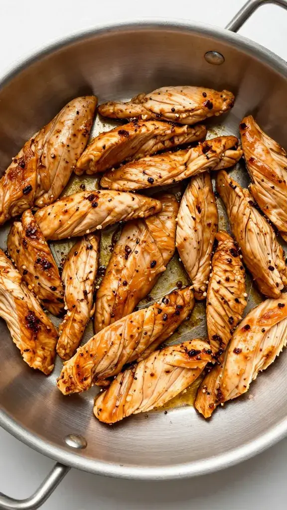 Stainless hotel pan of marinated chicken strips, overhead