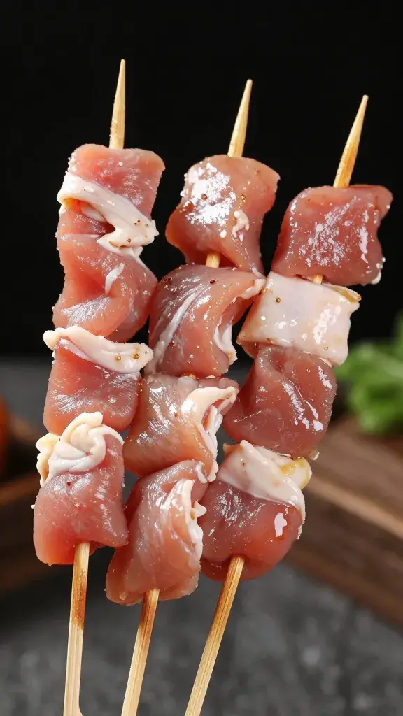 Bamboo skewer threaded through raw marinated thigh, macro