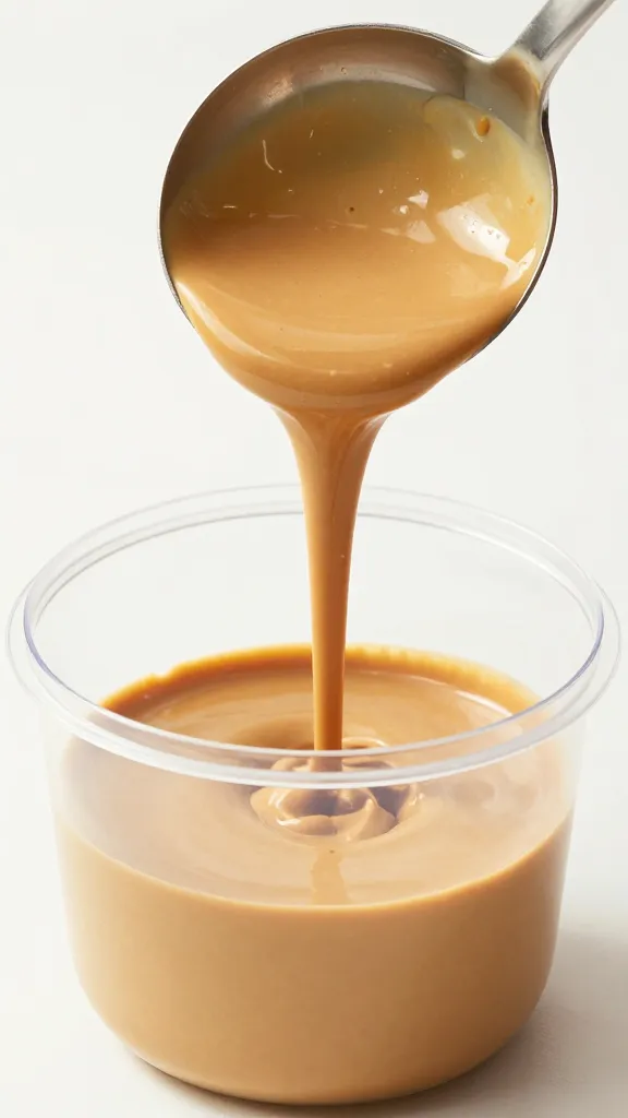 Ladle pouring glossy peanut sauce into quart container