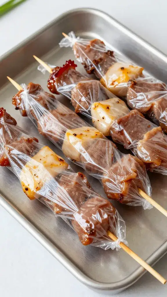 Sheet pan of skewered meat wrapped in plastic, closeup