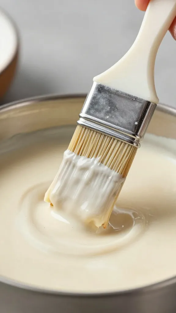 Basting brush glazing satay with coconut marinade, detail