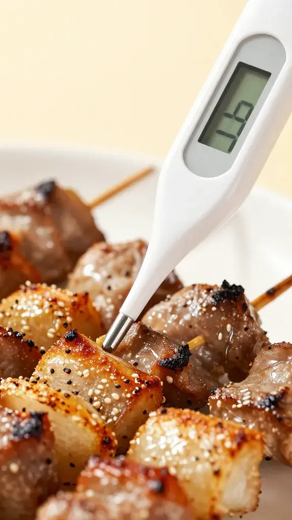 Digital probe thermometer inserted into grilled satay, closeup