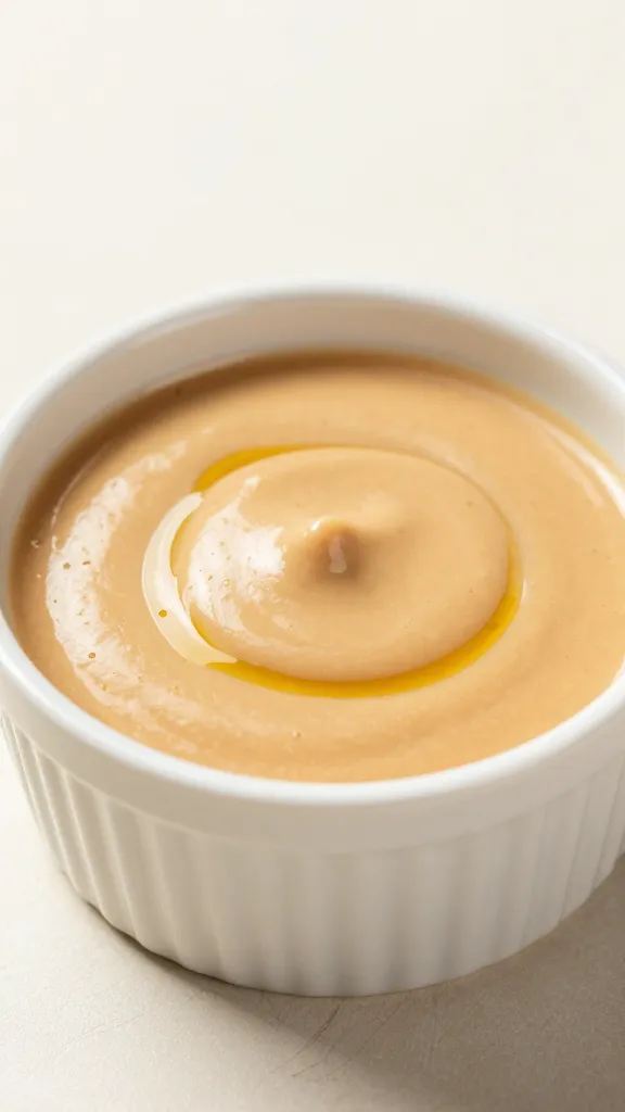 Small ramekin of thick peanut sauce with oil sheen