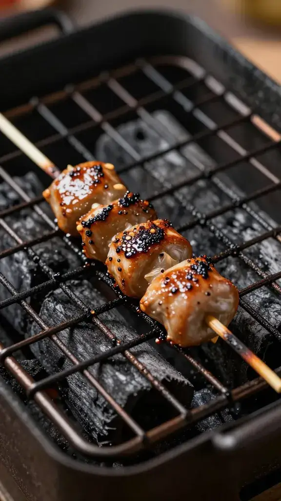 Charcoal grill grate with one satay skewer searing, macro