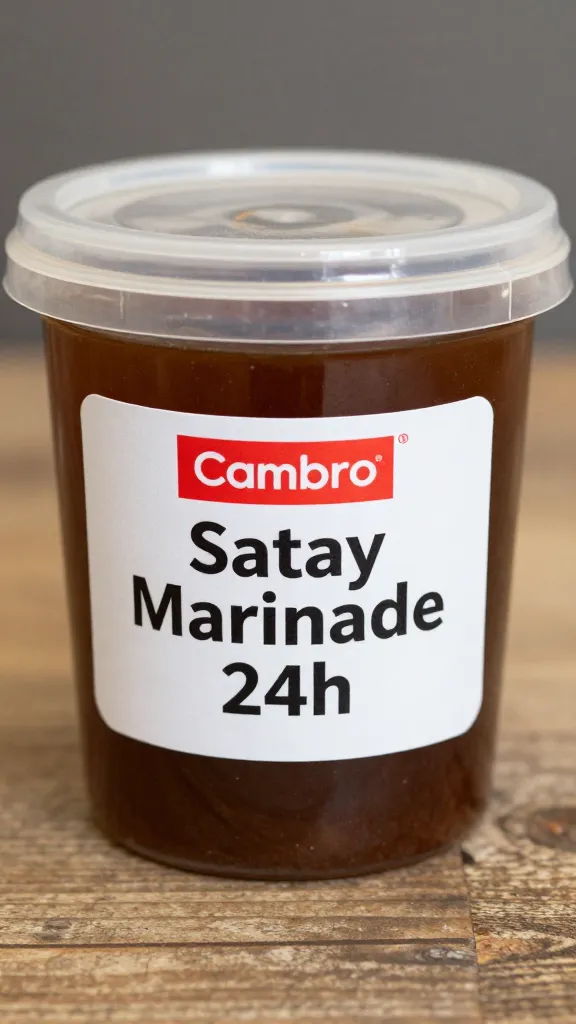 Cambro container labeled “Satay Marinade 24h,” tight shot