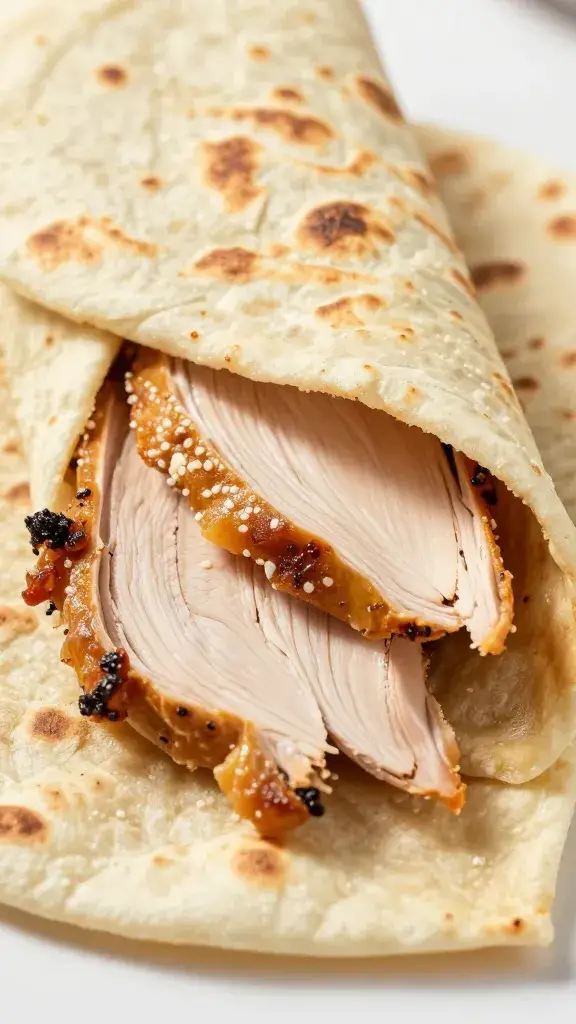 closeup of sliced chicken shawarma on flatbread