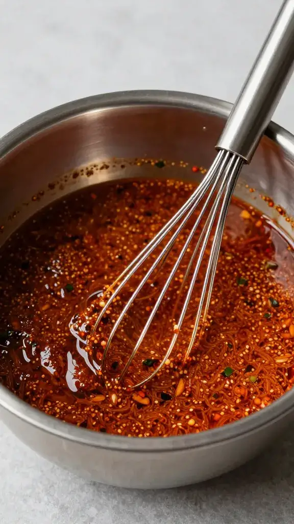 stainless bowl of shawarma marinade with whisk