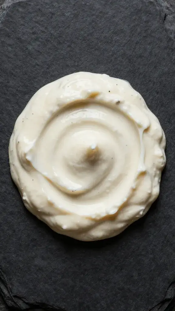 spoonful of creamy garlic toum on black slate