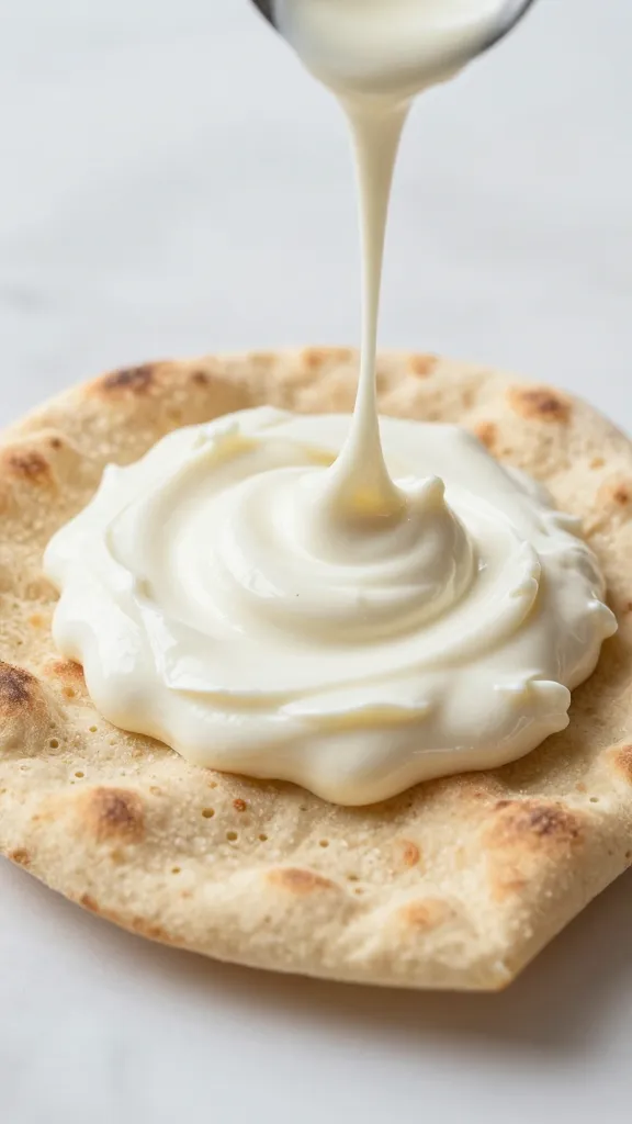 drizzle of tahini-yogurt sauce over pita wedge