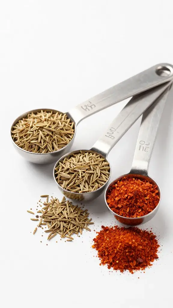 measuring spoons with cumin, coriander, and paprika