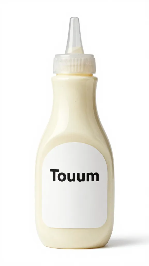 labeled squeeze bottle of garlic toum, white background