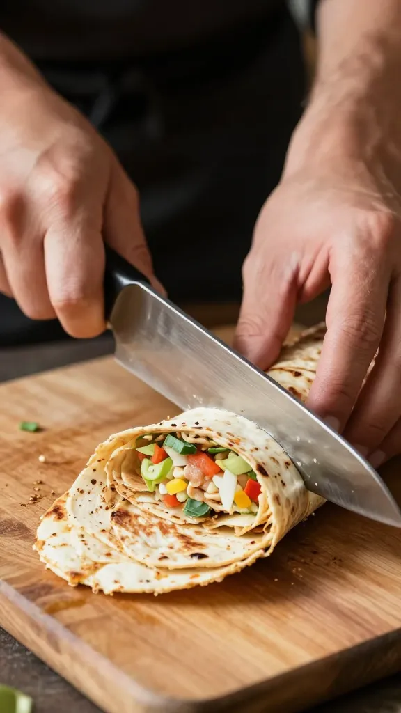 chef’s knife slicing rested shawarma on cutting board