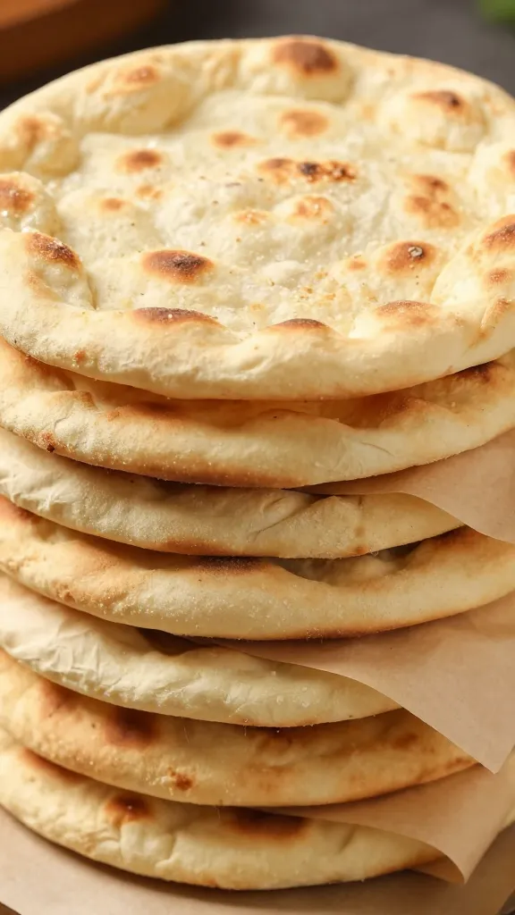 stack of warm pitas wrapped in parchment paper