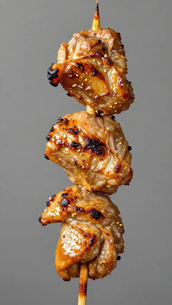 closeup of chicken souvlaki skewer with char marks