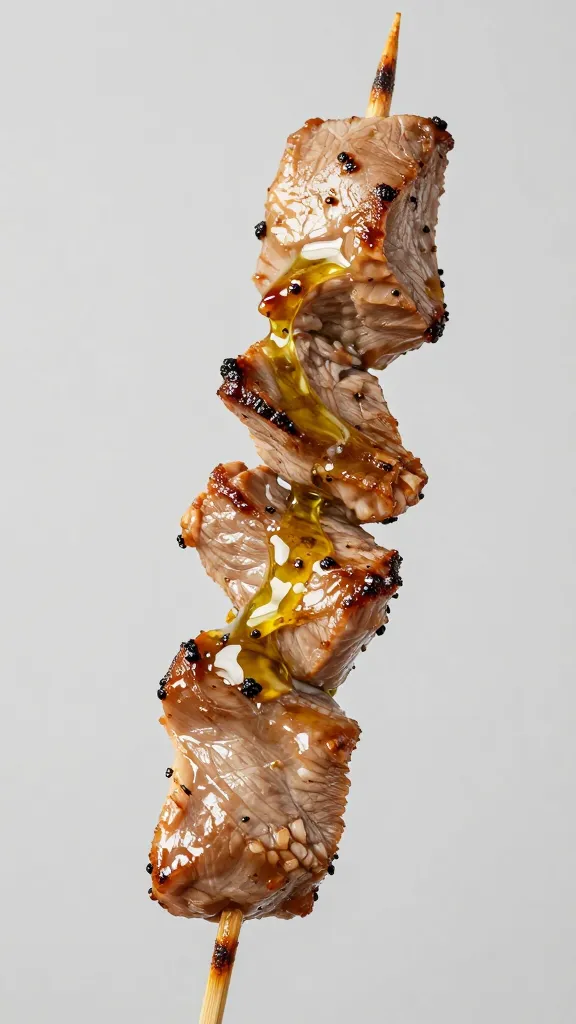 single pork souvlaki skewer brushed with olive oil