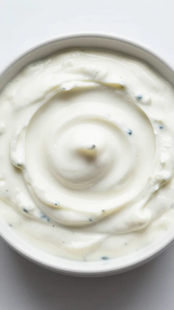 bowl of thick tzatziki with spoon swirl