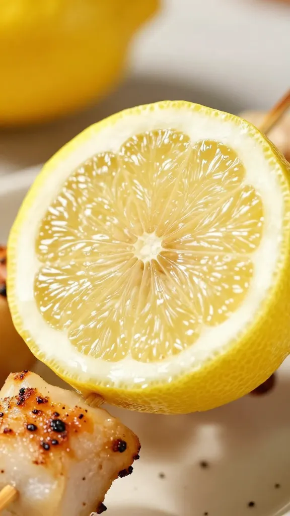halved lemon squeezed over grilled skewer, macro shot