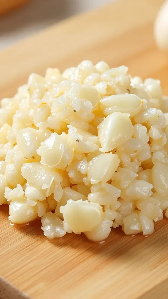 minced garlic mound on wooden board, tight closeup