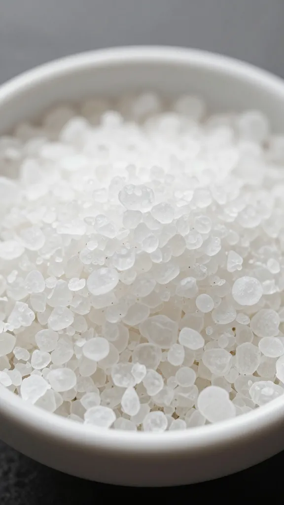 small bowl of flaky sea salt crystals, macro