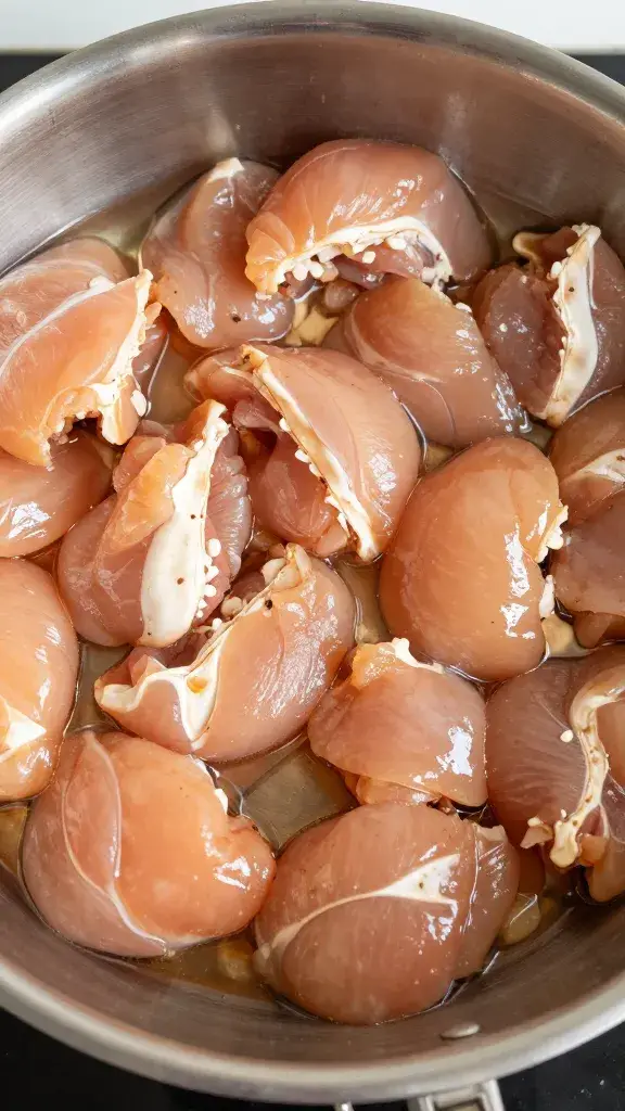 stainless pan of marinating chicken cubes, overhead closeup