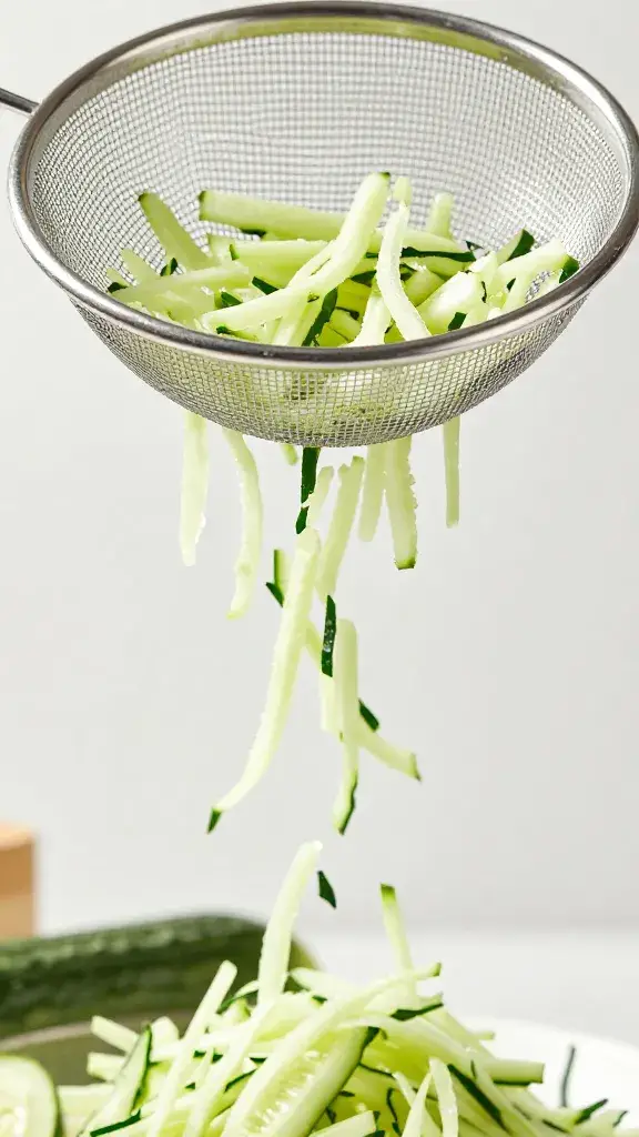 fine-mesh strainer draining grated cucumber, tight shot