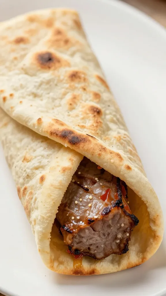 single warm pita folded around souvlaki, closeup