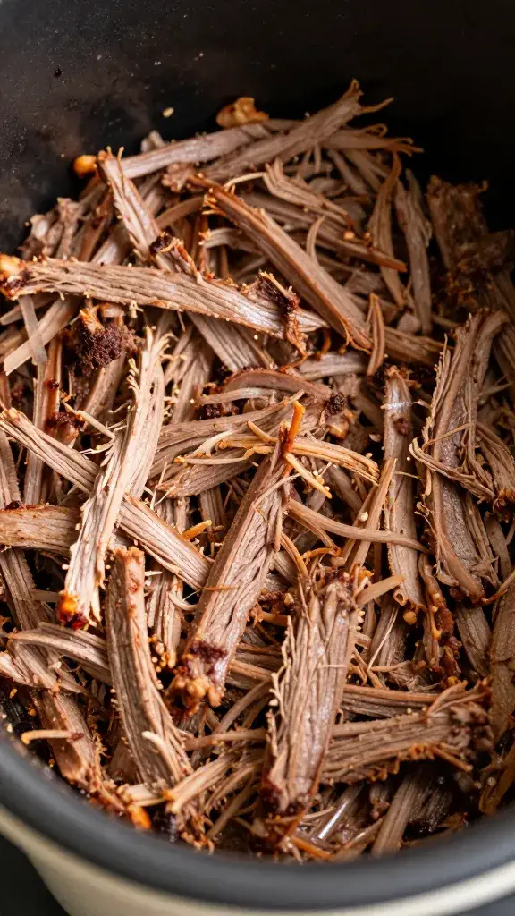 closeup of shredded barbacoa beef in slow cooker
