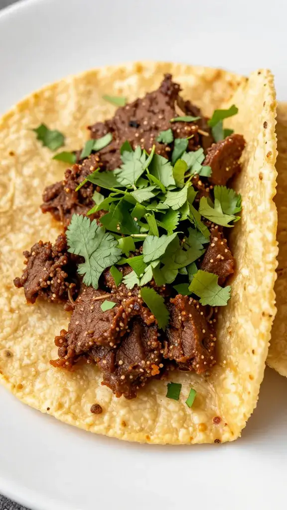 single corn tortilla loaded with barbacoa and cilantro