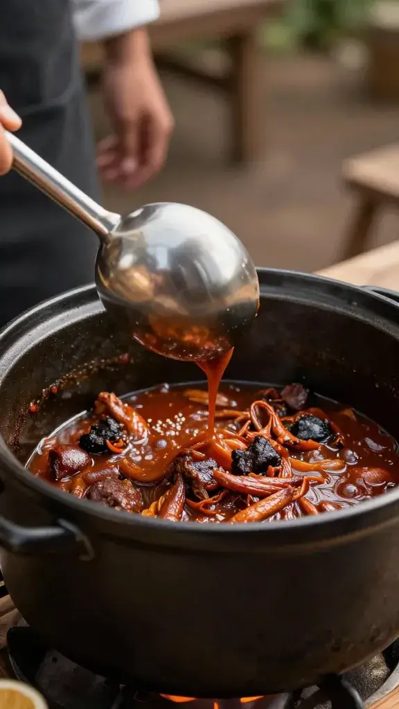 stainless ladle lifting saucy barbacoa from crockpot