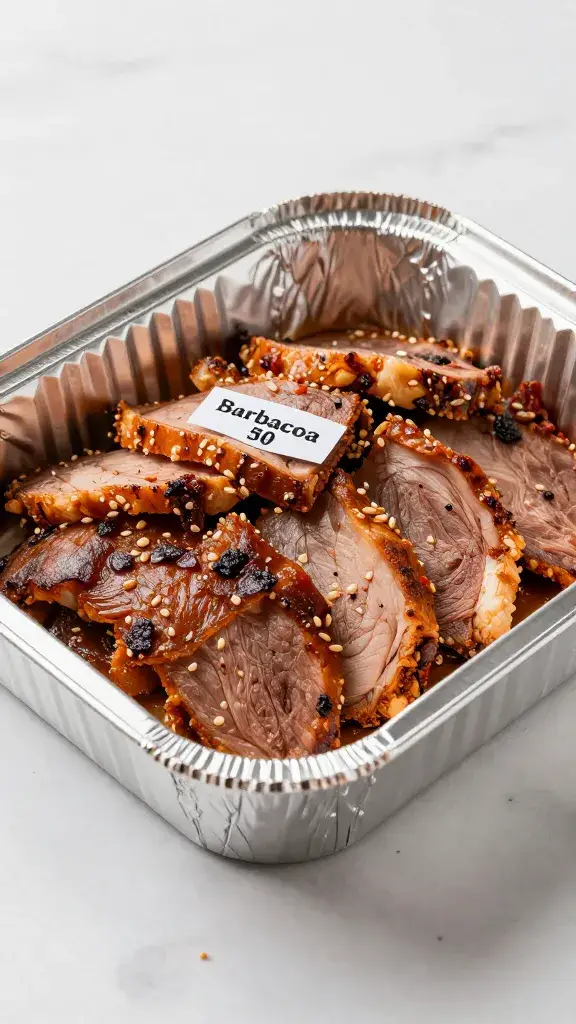 sealed foil pan of barbacoa labeled “Serves 50”
