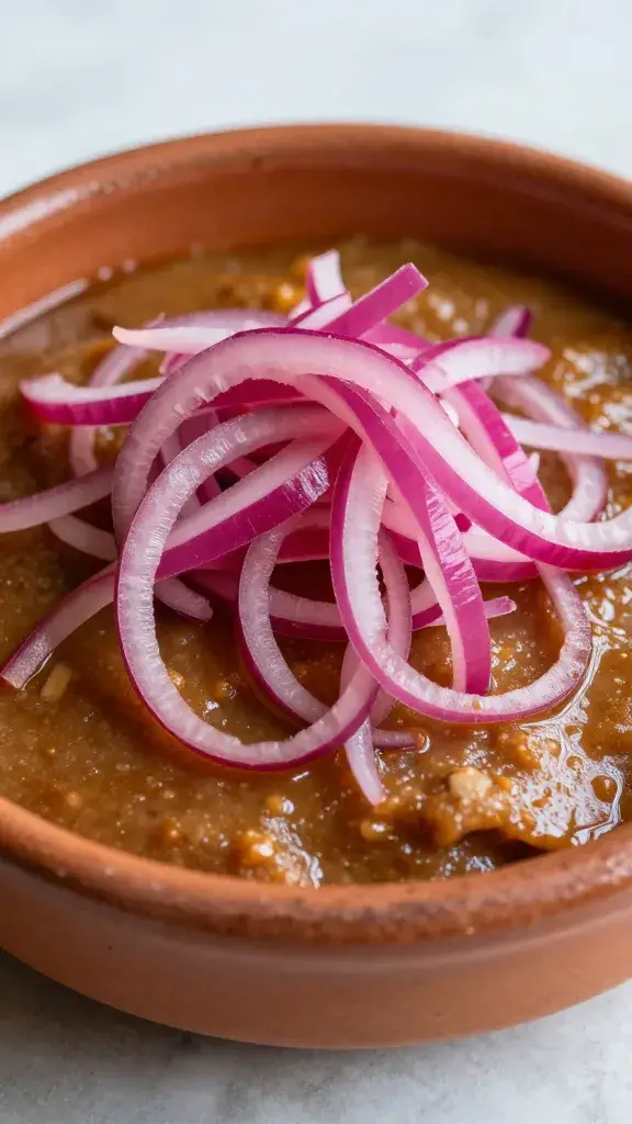 bowl of barbacoa topped with pickled red onions