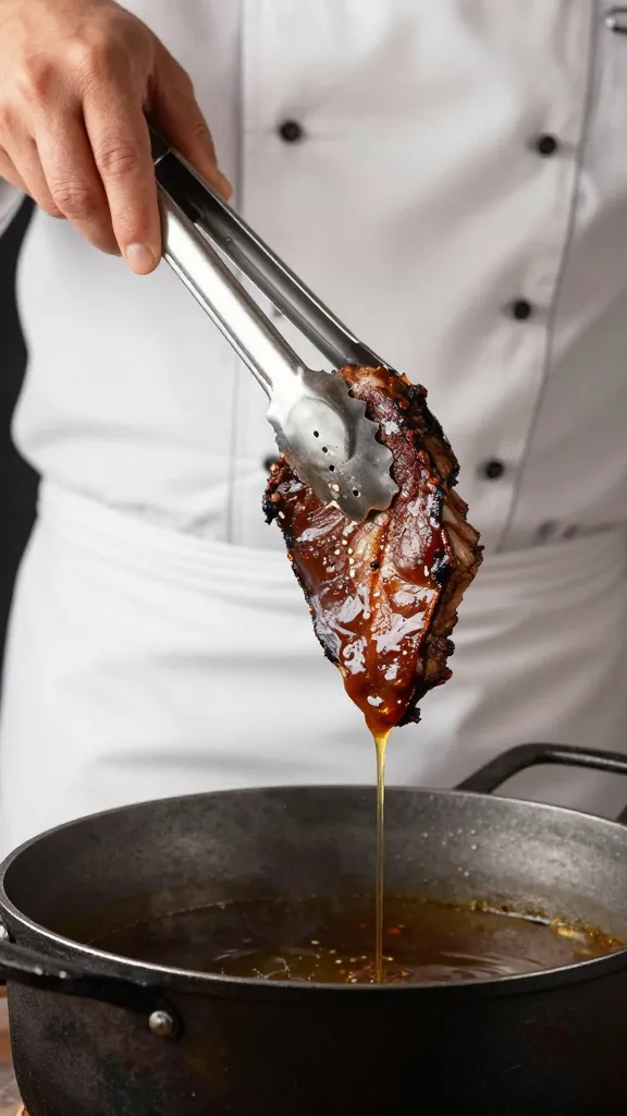 chef tongs holding dripping barbacoa over pot