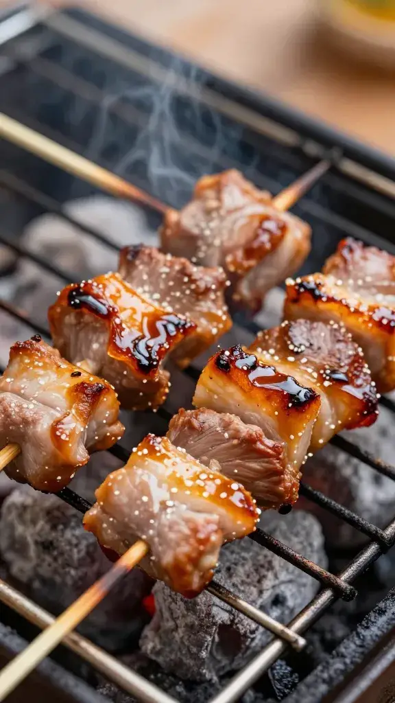 closeup of glazed Filipino pork skewer on charcoal grill