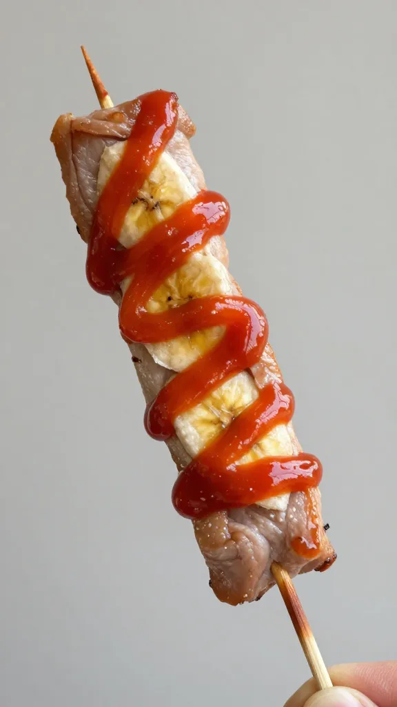 single pork skewer brushed with banana ketchup glaze