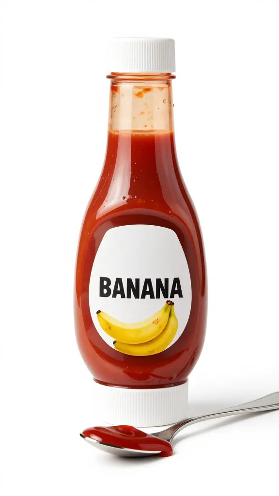 banana ketchup bottle with ketchup drip on spoon