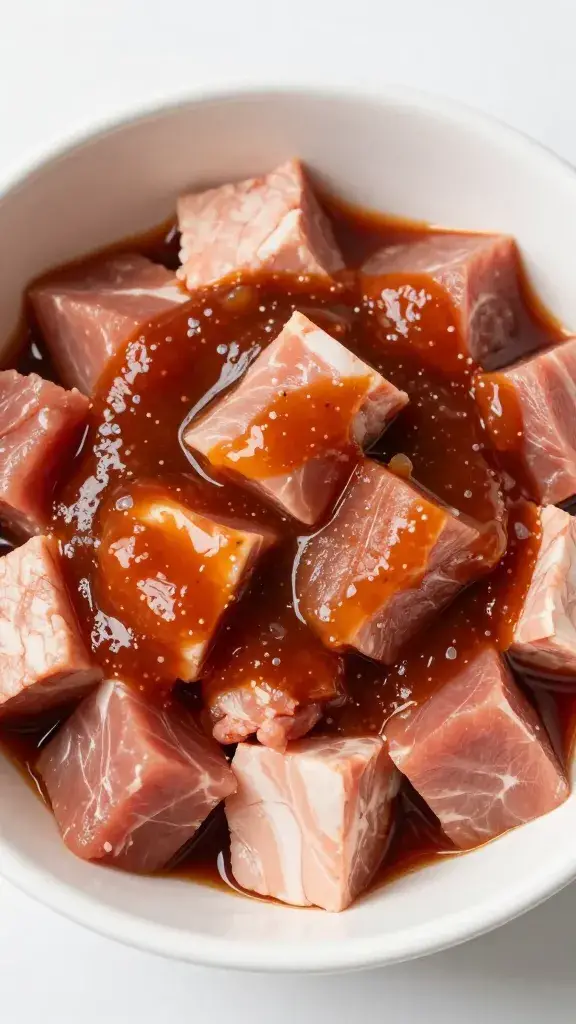 raw pork cubes marinating in banana ketchup bowl